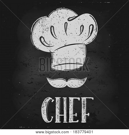 Vector hand drawn illustration. Hat chef is drawn on the chalk Board. The idea for a cafe restaurant kitchen poster.