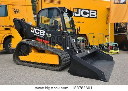 VILNIUS LITHUANIA - APRIL 27: JCB 320T vertical lift compact track loader on April 27 2017 in Vilnius Lithuania. JCB corporation is manufacturing equipment for construction and agriculture.