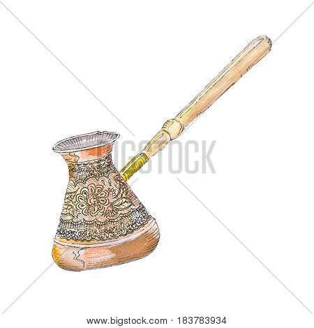 The turk coffee maker isolated on white background watercolor illustration in hand-drawn style.