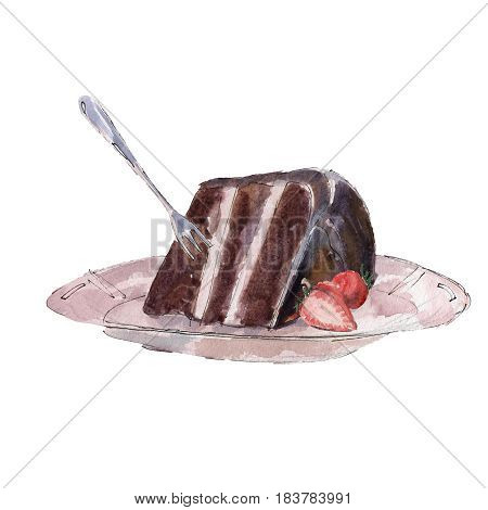The piece of chocolate pie with strawberry isolated on white background watercolor illustration in hand-drawn style.