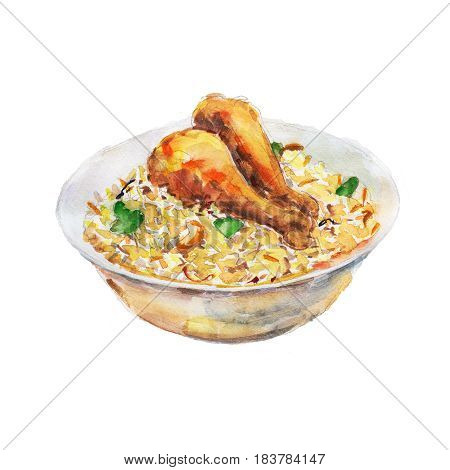 The chicken fry rice national dish isolated on white background watercolor illustration in hand-drawn style.
