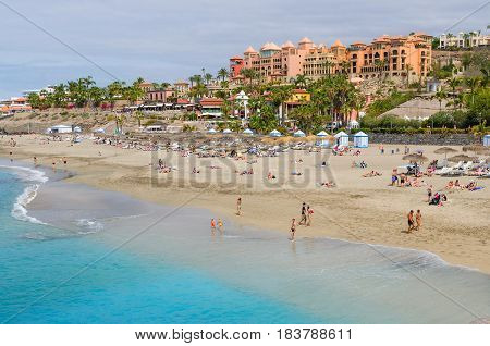 Beautiful coastal view of El Duque beach in Costa Adeje Tenerife Canary islands Spain.