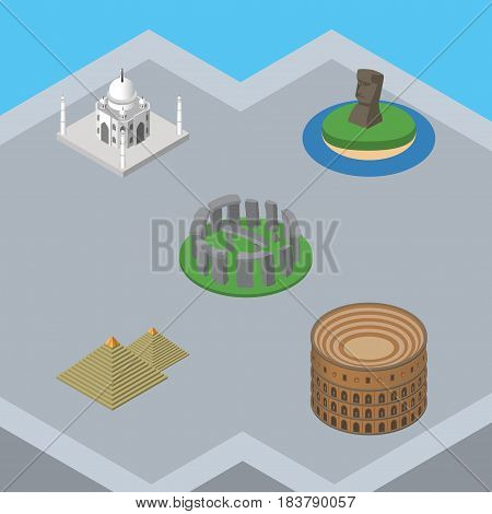 Isometric Travel Set Of Egypt, Chile, India Mosque And Other Vector Objects. Also Includes England, MoAI, Monument Elements.