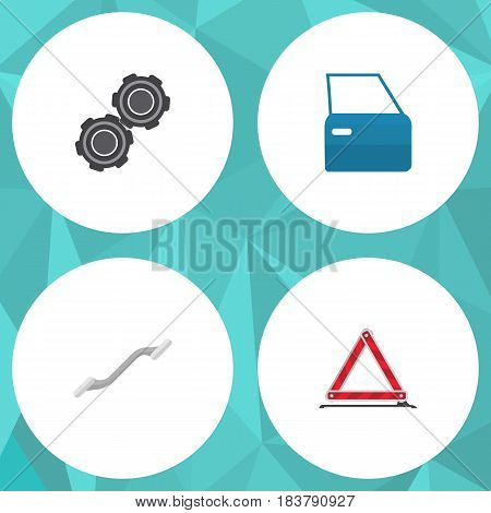 Flat Auto Set Of Warning, Belt, Coupler And Other Vector Objects. Also Includes Part, Coupler, Emergency Elements.