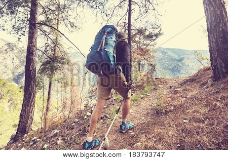Hiking in famous Lycian Way in the Turkey. Backpacker in the trail.