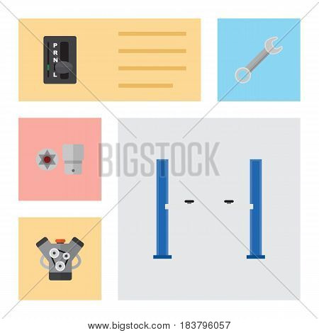 Flat Auto Set Of Auto Jack, Automatic Transmission, Motor And Other Vector Objects. Also Includes Lifting, Carrying, Star Elements.