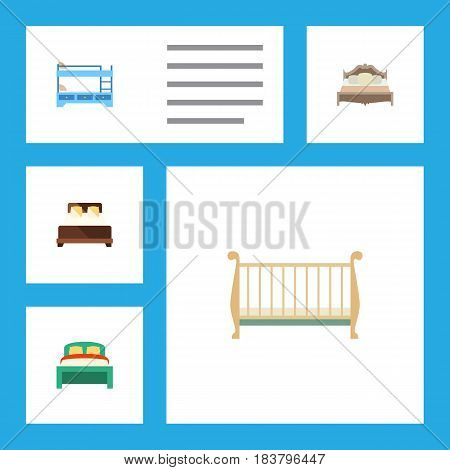 Flat Bed Set Of Mattress, Bedroom, Bunk Bed And Other Vector Objects. Also Includes Bunk, Bedding, Bedroom Elements.