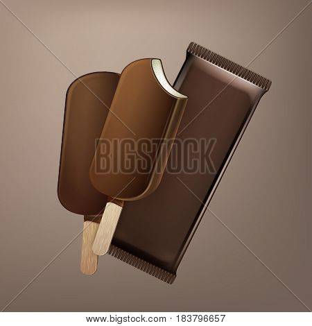 Vector Classic Bitten Popsicle Choc-ice Lollipop Ice Cream in Chocolate Glaze on Stick with Brown Plastic Foil Wrapper for Branding Package Design Close up Isolated on Background