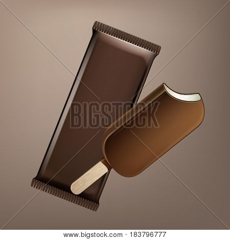 Vector Classic Bitten Popsicle Choc-ice Lollipop Ice Cream in Chocolate Glaze on Stick with Brown Plastic Foil Wrapper for Branding Package Design Close up Isolated on Background