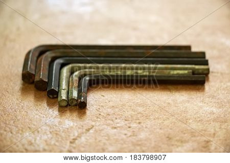 Close up set of old hexagon allen keys