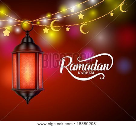 Ramadan kareem vector design with hanging lantern or fanoos and crescent moon in decorated colorful background. Vector illustration.