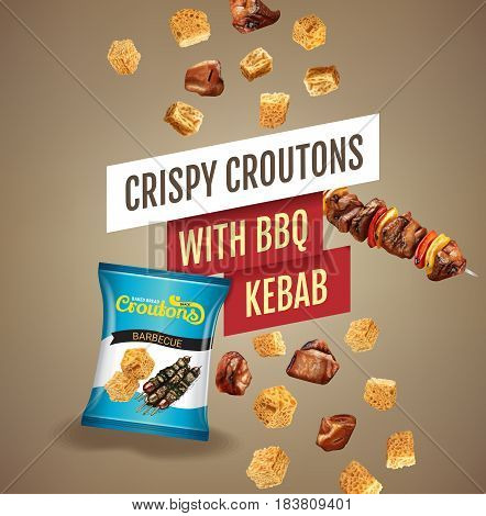Crispy croutons ads. Vector realistic illustration of croutons with BBQ kebab. Poster with product.