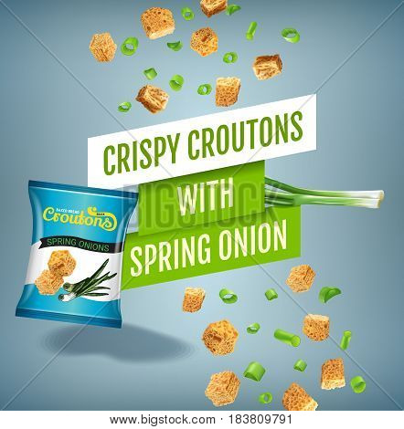 Crispy croutons ads. Vector realistic illustration of croutons with spring onion. Poster with product.