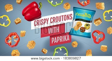 Crispy croutons ads. Vector realistic illustration of croutons with paprika. Horisontal banner with product.