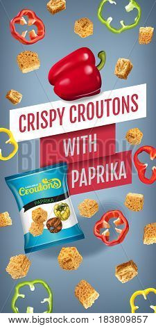 Crispy croutons ads. Vector realistic illustration of croutons with paprika. Vertical banner with product.