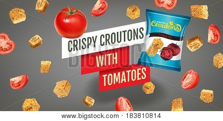 Crispy croutons ads. Vector realistic illustration of croutons with tomato. Horisontal banner with product.