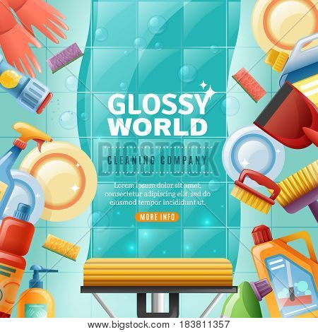 Professional cleaning design including mop brushes tableware sponges and detergents on textured background with bubbles vector illustration