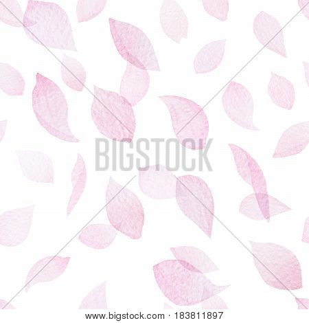 Hand drawn watercolor falling sakura petals seamless pattern on the white background