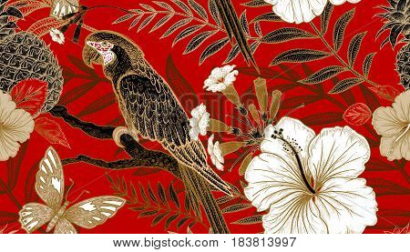 Flowers and birds seamless pattern. Hand drawing of wildlife. Print gold foil on red background. Exotic plants and parrots. Vector illustration art. Template for luxury fabrics paper summer textiles