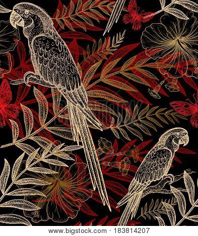 Exotic plants and birds parrots. Vector seamless floral pattern. Hand drawing of wildlife. Illustration - template for luxury fabric paper. Gold and red branch leaves flowers on black background.