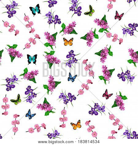 Very high quality original trendy vector seamless pattern with blooming lilac, plum and iris flower. Spring or summer design