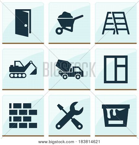 Architecture Icons Set. Collection Of Cement Vehicle, Paint Bucket, Glass Frame And Other Elements. Also Includes Symbols Such As Repair, Wall, Brickwork.