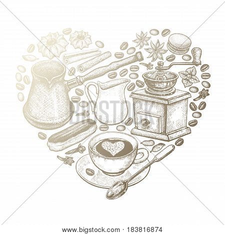 Delicious coffee heart. Cup of coffee grinder milk jug coffee beans Turkish ibrik eclairs cookies gold foil on white background. Vector illustration art set. Vintage engraving. Luxury design