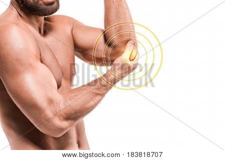 Sport injury, Man with elbow pain. The human pain concept.