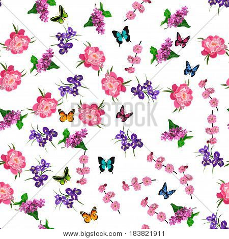 Very high quality original trendy vector seamless pattern with blooming lilac, peony and iris flower. Spring or summer design