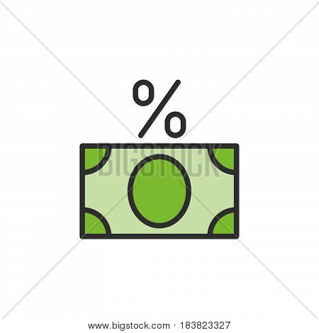 Money banknote with percent sign line icon filled outline vector sign linear colorful pictogram isolated on white. Fees symbol logo illustration. Editable stroke. Pixel perfect
