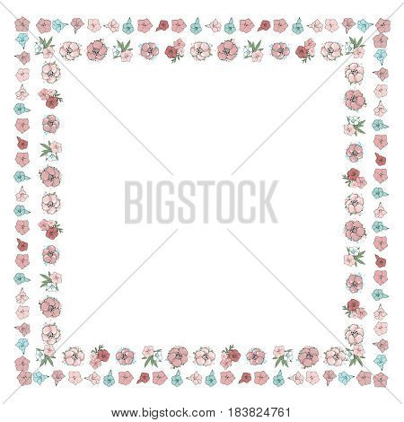 Floral frame with gentle pink flowers. Nature square hand drawn border on white background. Vector decoration
