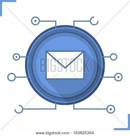 Email security flat design long shadow icon. Sms message. Email letter with microchip pathways. Vector silhouette symbol