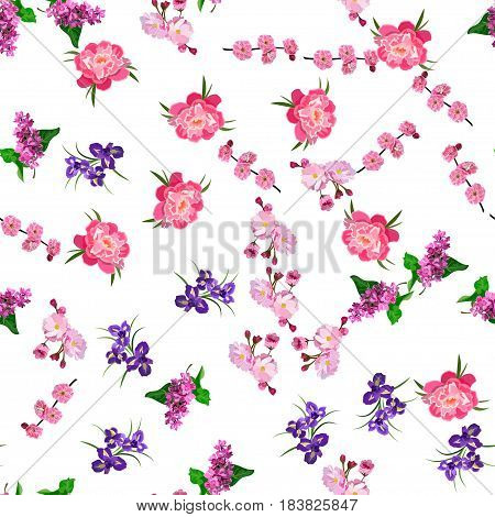 Very high quality original trendy vector seamless pattern with blooming lilac, peony and iris flower. Spring or summer design