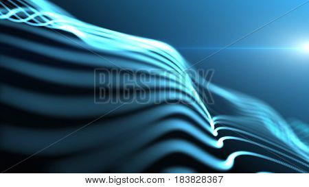 Abstract background with waving lines in 3d space. Macro look. Blue abstract science, technology and engineering background. 3D rendering.