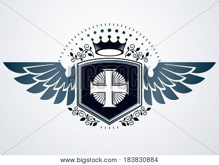 Vintage decorative heraldic vector emblem composed with Christian religious cross and royal crown