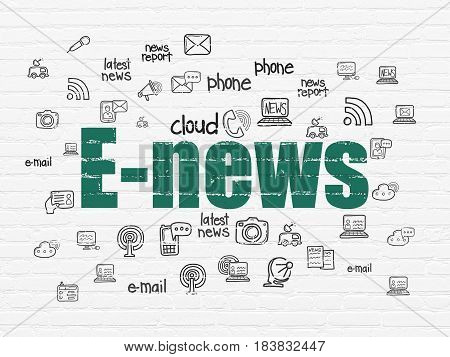 News concept: Painted green text E-news on White Brick wall background with  Hand Drawn News Icons