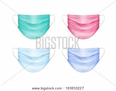 Vector Set of Colored Blue Green Pink Turquoise Medical Face Ear Loop Mask Isolated on White Background
