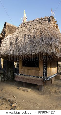Hut of Bena a traditional village with grass huts of the Ngada people in Flores near Bajawa Indonesia.