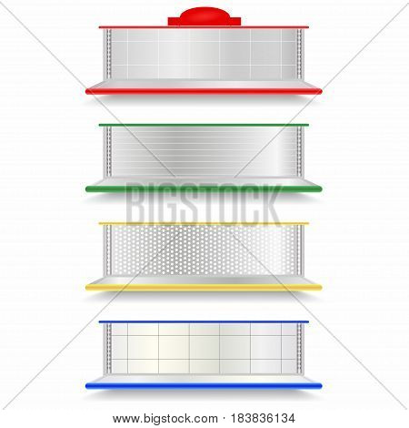 Empty Supermarket Shelves Set. Realistic Vector Showcase With Red, Green, Yellow And Blue Backlights