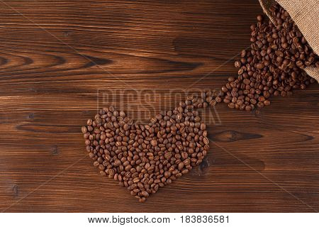 Lettering Coffee. Coffee Beans In The Form Of A Heart Coffee, Wooden Background, I Love Coffee