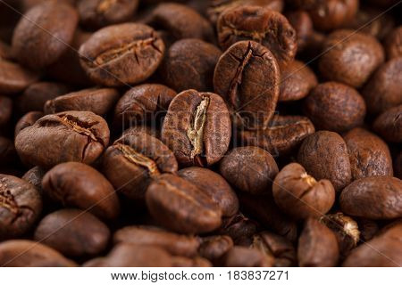 Coffee Beans Roasted On Wood Background, Macro