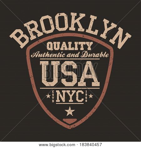 New York Brooklyn USA sportswear emblem in shield form. Vintage athletic university apparel design with lettering. T-shirt graphics poster banner badge. Vector