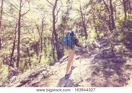 Hiking in famous Lycian Way in the Turkey. Backpacker in the trail. 