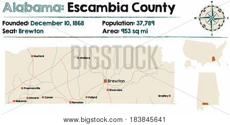 Large and detailed map of Escambia County in Alabama.