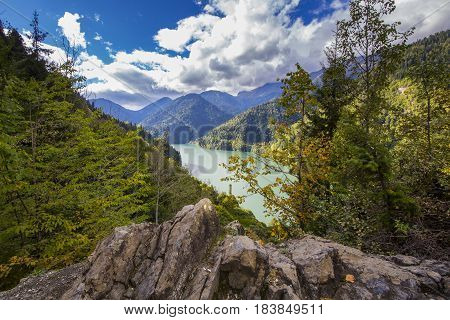 Beautiful summer view on mountain lake Ritsa, Abkhazia
