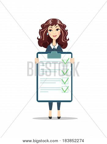 Businesswoman with a clipboard with green tick . Flat design clip board and check marks. Woman with checklist. Stock vector illustration