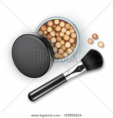 Vector Open Bronzing Pearls box with Black Cap Rouge Balls with Makeup Brush Applicator Isolated on White Background