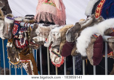Nenets mittens from fur are selling in the winter street