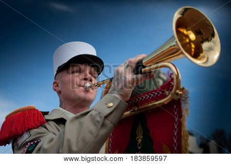 Paris France - July 14 2011. Legionnaire musician of the French foreign legion during the parade on the Champs Elysees in Paris.