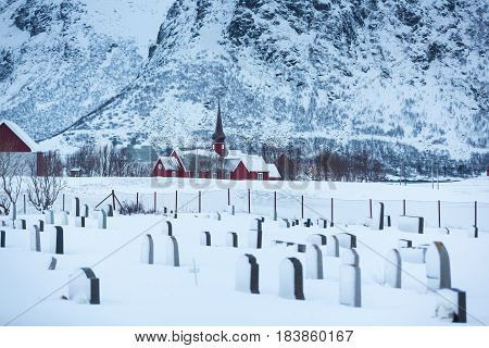 The old cemetery of Flakstad town in the Lofoten Islands in winter